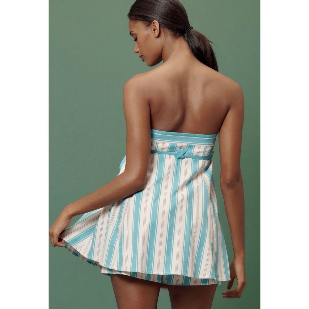 Anthropologie Blue Striped Linen Blend Romper - Picture 2 of 12